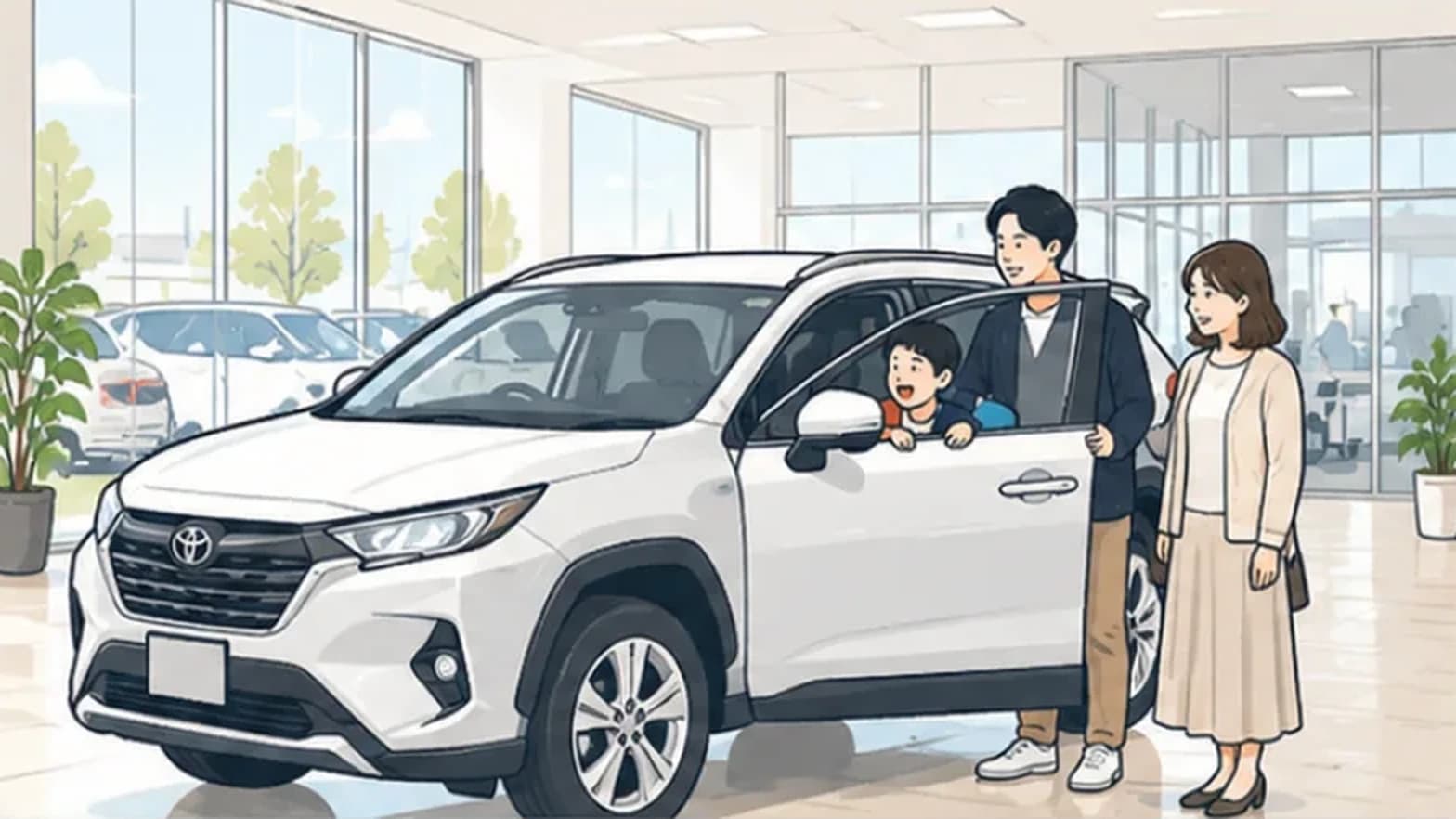 ショールームで車を選ぶ家族のイラスト