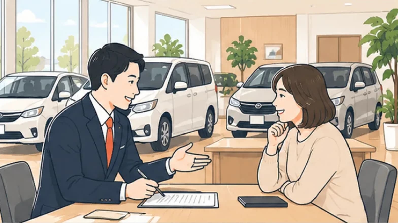 担当者と査定の相談をするお客様のイラスト
