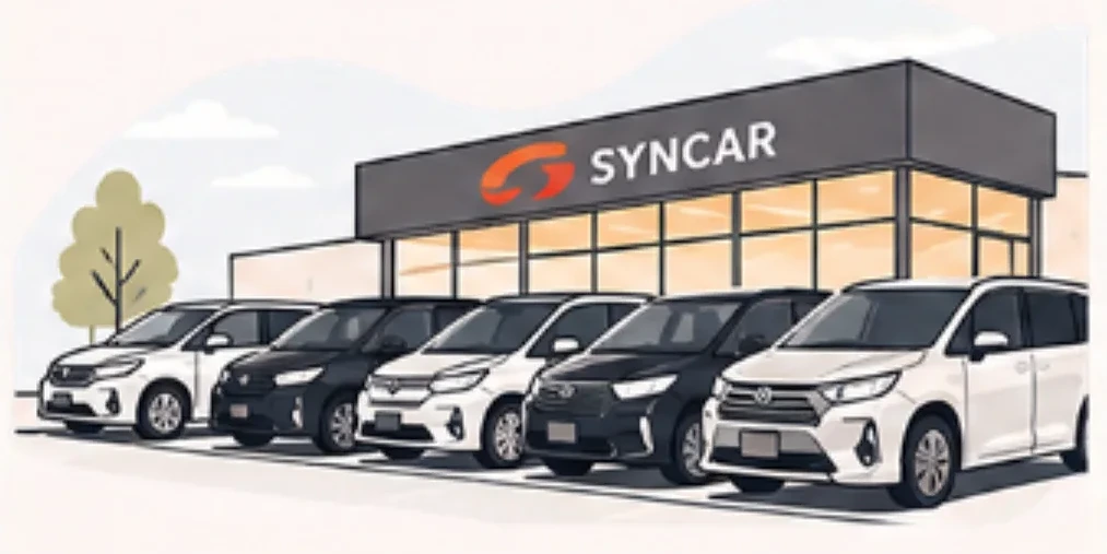 SYNCAR の店舗前に車が並ぶイラスト