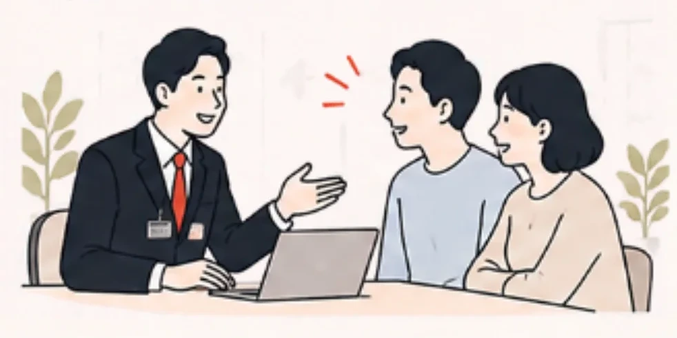 担当者が夫婦に個別に対応するイラスト